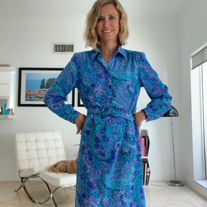 70s Paisley Shirt Dress Long Sleeve Button Down Belted Dress Blue Purple Size 8