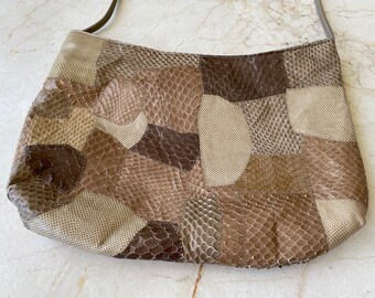 Vintage Snakeskin Patchwork Quilted Leather Purse Italian Florence 70s Brown Bag