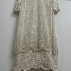 Vintage Beaded Dress Flapper Style 80s Silk Beaded Cocktail Wedding Dress Small