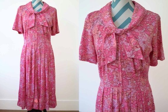 1950s Pink Floral Print Full Skirted Dress