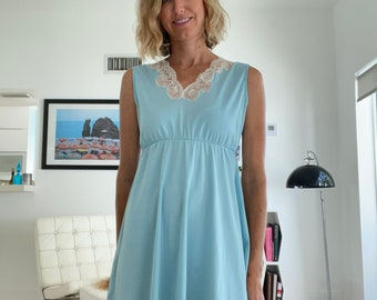 Vintage Slip Vestido Lencería Babydoll Azul Mini Vestido Ropa de Dormir Encaje Pequeño