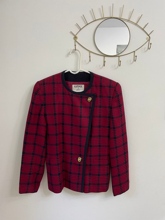 Vintage 80s Red Asymmetrical Plaid Jacket by Kasp… - image 1