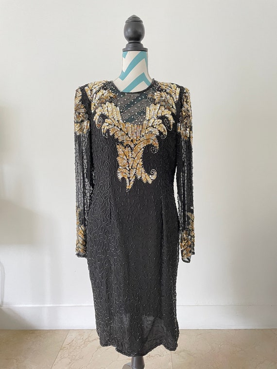 Vtg Laurence Kazar Beaded Black and Gold Long Sle… - image 7