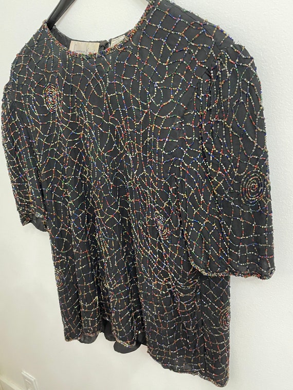 Vtg Laurence Kazar Beaded Silk 80s Top Black Mult… - image 8