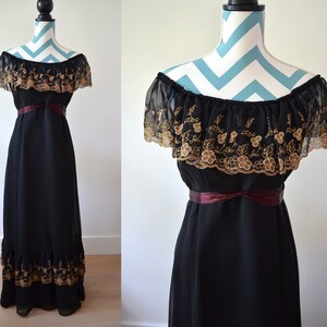Vintage 70s Lace Maxi Dress Off Shoulder Boho Long Black Dress Gold Lace