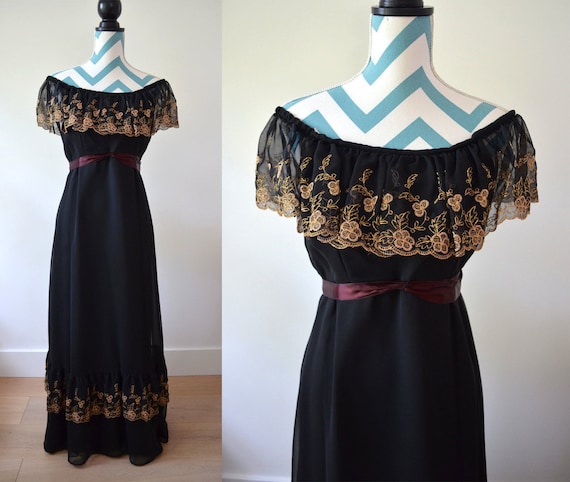 Vintage 70s Lace Maxi Dress Off Shoulder Boho Long Black Dress Gold Lace