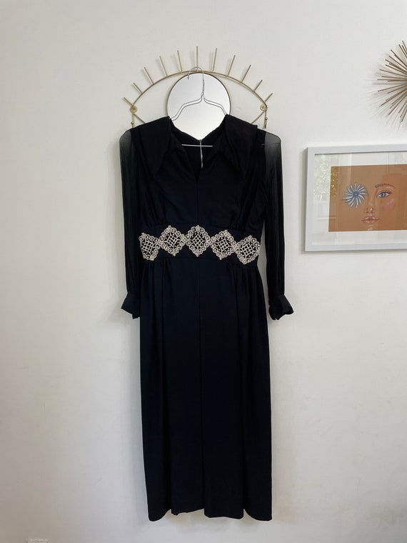 70s Black Chiffon Long Sleeved Beaded Maxi Dress … - image 2