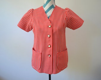 Vintage 1950s Red & White Plaid Blouse Short Sleeve Button Down Retro Shirt Rockabilly Picnic Check Shirt with Pockets
