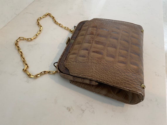 50s Brown Alligator Print Purse with Gold Chain S… - image 8