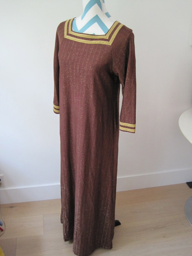 Vintage 70s Caftan Maxi Dress Brown Gold Trim Metallic Thread Lamé Goddess Hippie Gypsy Small image 2