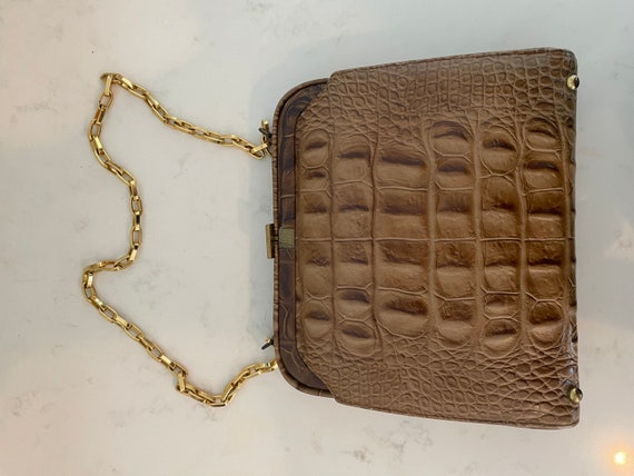 50s Brown Alligator Print Purse with Gold Chain S… - image 5