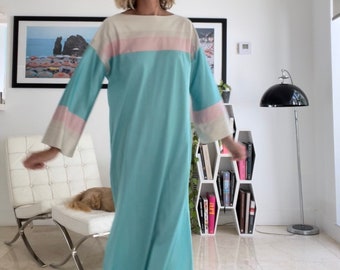 70s Aqua Pink Color Bloqueado Maxi Vestido de Manga Larga de Vanity Fair Small