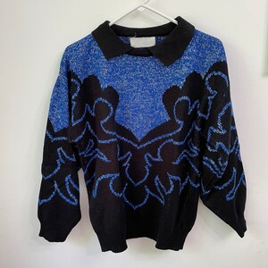 Vintage 80s Metallic Blue Black Geo Sweater with Knit Collar Large