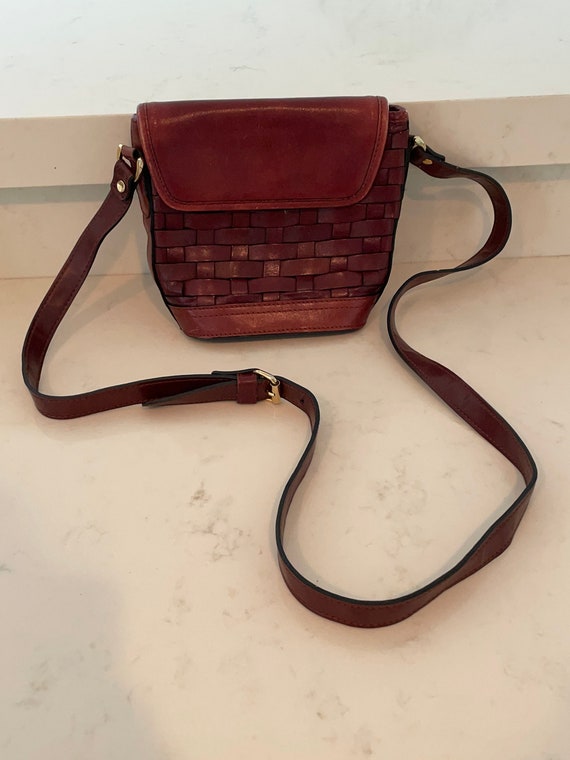 70s Leather Basket Woven Crossbody Brown Bag Gem
