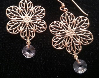 Bronze Flower and Swarovski Earrings