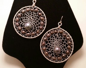 Cultured Freshwater Pearls in Sterling Silver Plated Wire Web Earrings