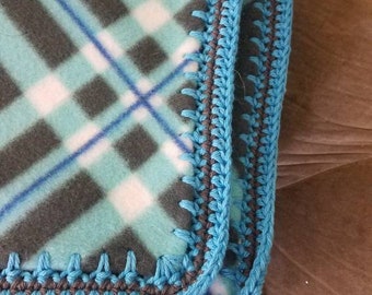 Blue/Grey Double Cuddle Fleece Blanket w Crocheted Edge