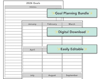 May include: A printable goal planner for 2024 with sections for personal goals, daily habits, and a year-defining event. The planner is divided into monthly sections from January to September. The text "Goal Planning Bundle", "Digital Download", and "Easily Editable" is displayed on the planner.