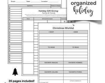 May include: A printable planner for organizing holiday meals, gift giving, and Christmas wishlists. The planner includes sections for appetizers, gift ideas, and a wishlist with categories for "I Want", "I Need", "To Wear", "To Read", "Favorite Snacks", "Favorite Hobbies", "Favorite Colors", "Favorite Stores", "Clothing Size", "Shoe Size", and "Other Comments".