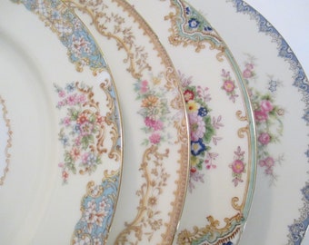 Dinner Plates Mismatched China, Vintage China Plates, Garden Party, Thanksgiving, Gift, Wedding Plates, Cottage Chic, Birthday - Set of 4