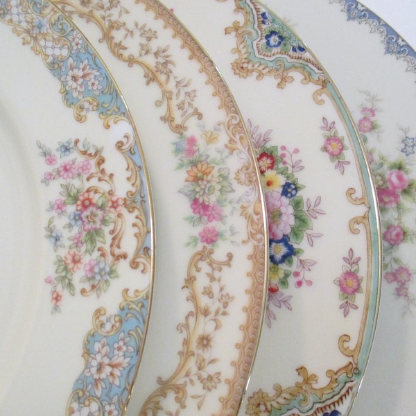 Dinner Plates Mismatched China, Vintage China Plates, Garden Party, Thanksgiving, Gift, Wedding Plates, Cottage Chic, Birthday - Set of 4