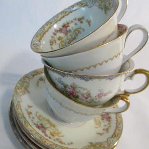 Vintage Mismatched China Cups & Saucers for Tea Party, Baby Shower, Wedding, Brunch, Bridal Luncheon, Garden Party, Holiday, Gift - Set of 4