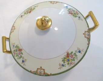 Vintage Meito China Covered Serving Bowl: Floral Gold Trim, 8.5"