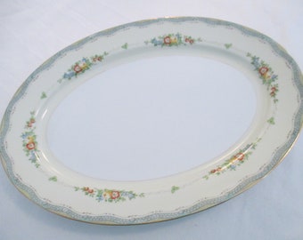Vintage Meito China Oval Serving Platter: Floral Teal & Gold Trim (13 3/4 inch)