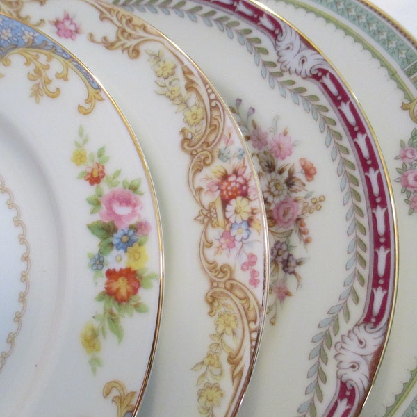 Vintage Mismatched China Small Dessert Plates, Bread Plates for Farmhouse, Chic, Shabby, Tea Party, Wedding, Valentine's Day -Set of 4