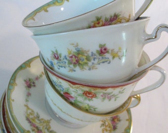Vintage Mismatched China Cups & Saucers, Thanksgiving, Christmas, Gift, Tea Party, Tea Set, Wedding, Bridal Luncheon - Set of 4