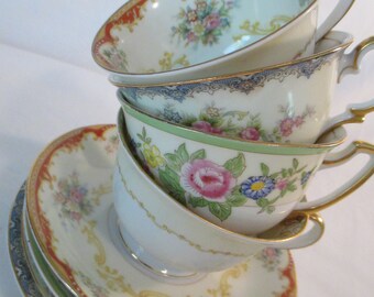 Vintage Mismatched Shabby China Cups & Saucers for Tea Party, Bridal Luncheon, Baby Shower, Birthday, Gift, Mother's Day - Set of 4