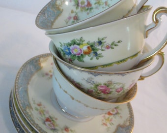 Vintage Mismatched China Cups & Saucers for Tea Party, Bridal Luncheon,Wedding, Tea Set, Bridal Shower, Gift, Farmhouse- Set of 4