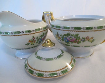 Vintage Meito China Sugar Bowl and Creamer Set: Floral Gold Trim