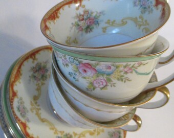 Vintage Mismatched Shabby China Cups & Saucers for Tea Party, Bridal Luncheon, Baby Shower, Birthday, Gift, Mother's Day, Easter - Set of 4