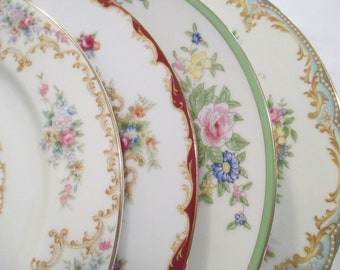 Vintage Mismatched China Dinner Plates, Holidays, Birthday, Wedding, Shabby, Farmhouse, Cottage Chic, Family Dinner, Gift - Set of 4