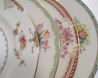 Vintage Shabby Mismatched China Salad Plates, Wedding, Birthday, Baby Shower, Tea Party, Bridal Luncheon, Family Dinner, Gift- Set of 4
