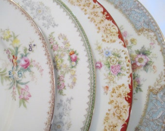Vintage Mismatched China Dinner Plates, Holidays, Birthday, Wedding, Shabby, Farmhouse, Cottage Chic, Family Dinner, Gift - Set of 4