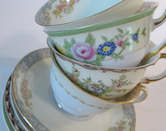 Vintage Mismatched China Cups & Saucers for Tea Party,Bridal Luncheon, Shower,Shabby, Farmhouse, Chic, Hostess Gift,Bridesmaid Gift-Set of 4