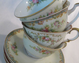 Vintage Mismatched Shabby China Cups & Saucers for Tea Party, Bridal Luncheon, Baby Shower, Birthday, Gift, Christmas, Gift - Set of 4