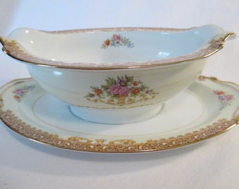 Vintage Noritake China Oval Gravy Boat with Attached Underplate, Thanksgiving, Christmas, Wedding, Shabby, Farmhouse, Cottage Chic, Gift