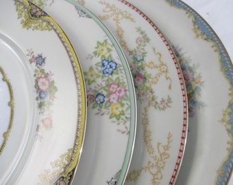 Vintage Mismatched China Dinner Plates - Shabby Chic Farmhouse Set of 4