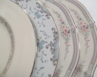 Vintage Mismatched China Dinner Plates: Floral Silver Trim, Set of 4