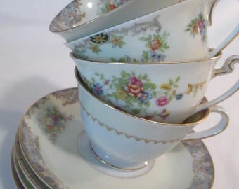 Vintage Mismatched Shabby China Cups & Saucers for Tea Party, Bridal Luncheon, Baby Shower, Birthday, Gift, Garden Party - Set of 4