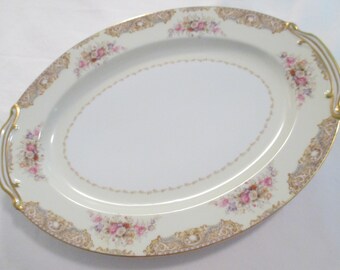 Vintage Noritake China Oval Serving Platter: Floral Gold Trim, 13 3/4 inch