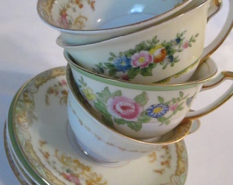 Vintage Mismatched China Cups & Saucers for Tea Party, Wedding, Bridal Shower, Bridal Luncheon, Tea Set, China Cups - Set of 4