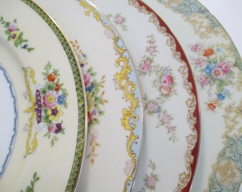 Vintage Mismatched China Dinner Plates, Holidays, Birthday, Wedding, Shabby, Farmhouse, Cottage Chic, Family Dinner, Gift - Set of 4