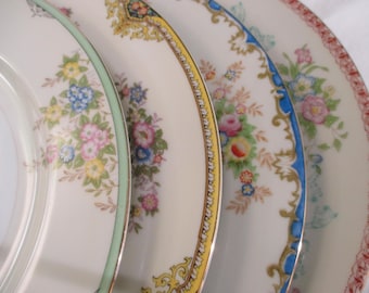 Vintage Mismatched China Dinner Plates, Bridal Shower, Wedding Plates, Farmhouse, Shabby, Birthday, Holidays, Wedding China - Set of 4