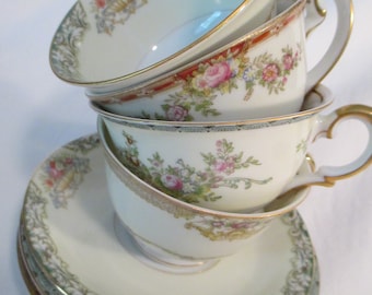Vintage Mismatched China Cups and Saucers, Bridal Shower, Birthday, Open House, Farmhouse, Shabby, Tea Party, Baby Shower, Gift - Set of 4