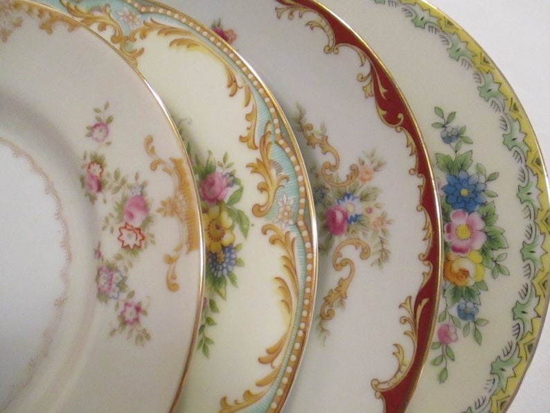 Vintage Mismatched China Dessert Plates, Bread Plates for Bridal Shower, Gift, Birthday, Baby Shower, Wedding, Shabby, Rustic-Set of 4 image 1