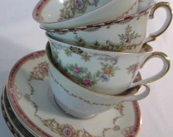 Vintage Mismatched China Tea Cups and Saucers - Set of 4